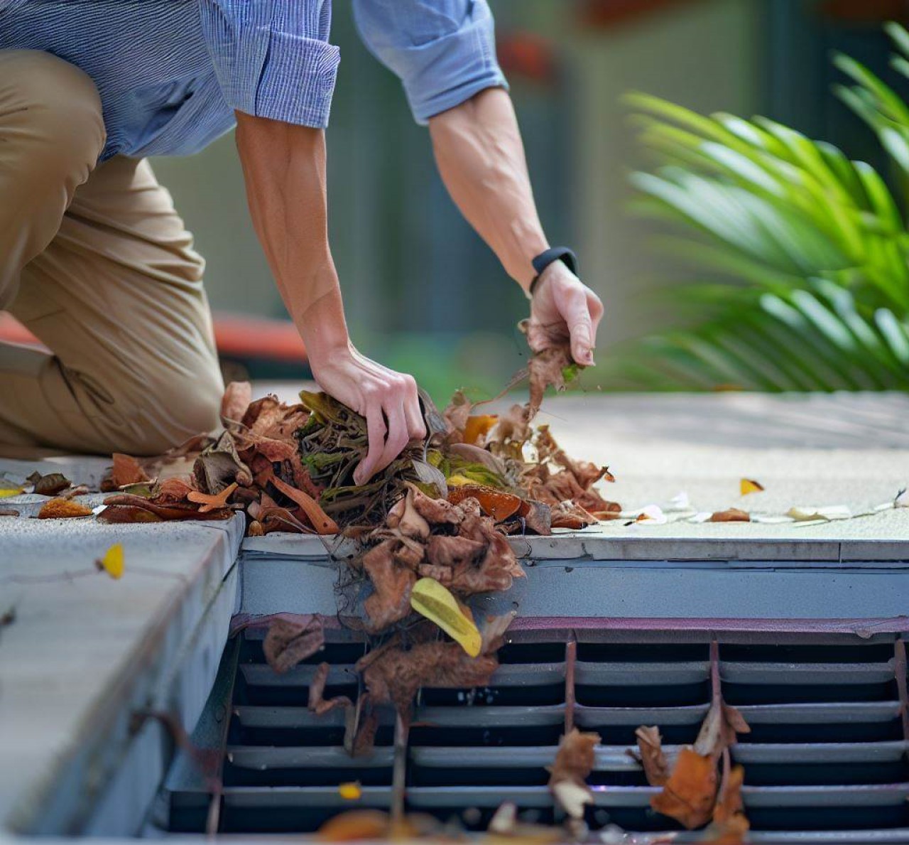 Quitar hojas en el sumidero del techo que pudiera impedir el sistema de drenaje de la terraza