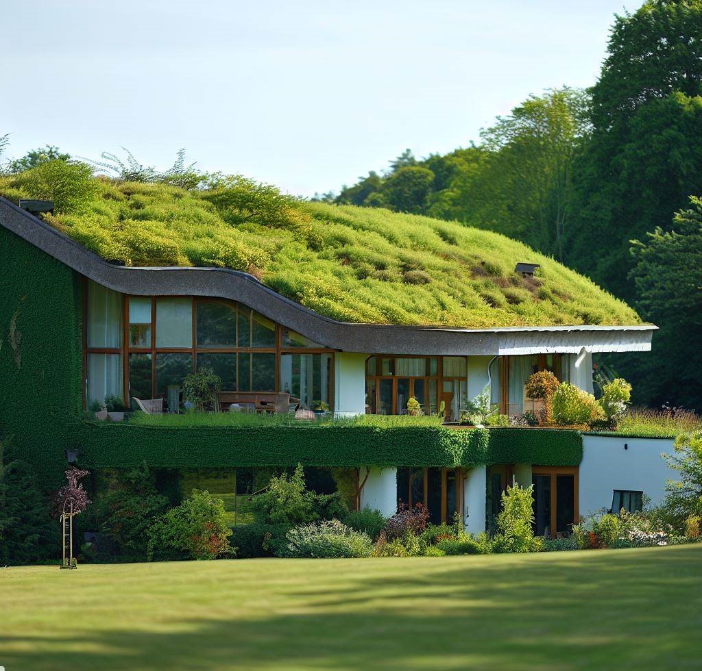 Una casa de campo con techo verde cubierto de vegetación