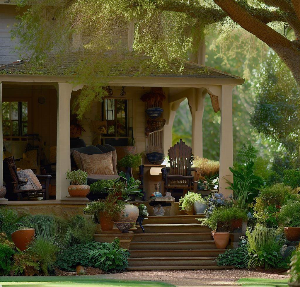 Una casa de campo con un acogedor porche delantero, amueblado con cómodos asientos y adornado con plantas