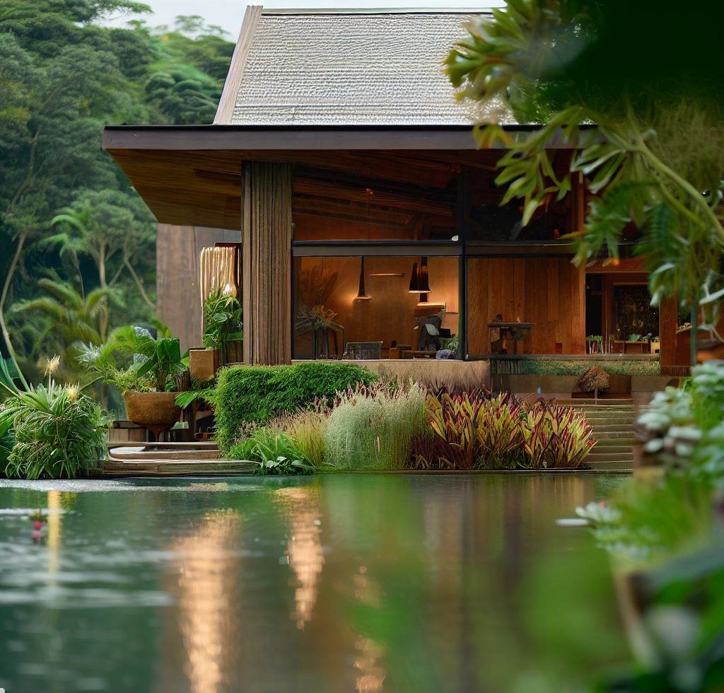 Una casa de campo con una piscina natural integrada en el paisaje