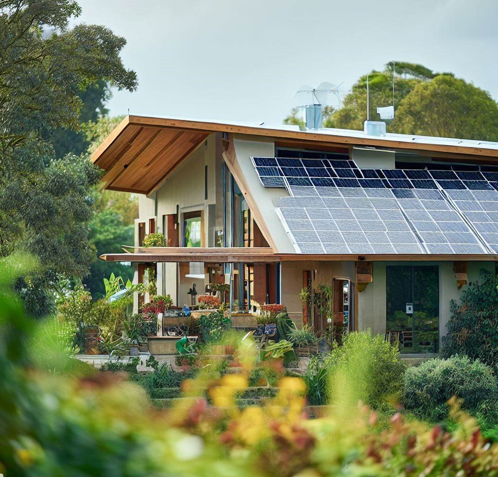 Una casa de campo ecológica con paneles solares en el techo, rodeada de un exuberante jardín y construida con materiales sostenibles