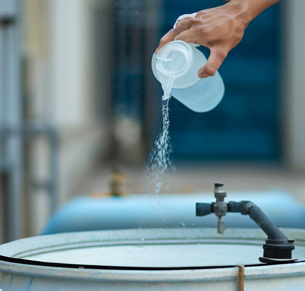 Una persona vierte un desinfectante recomendado en el tanque de agua potable