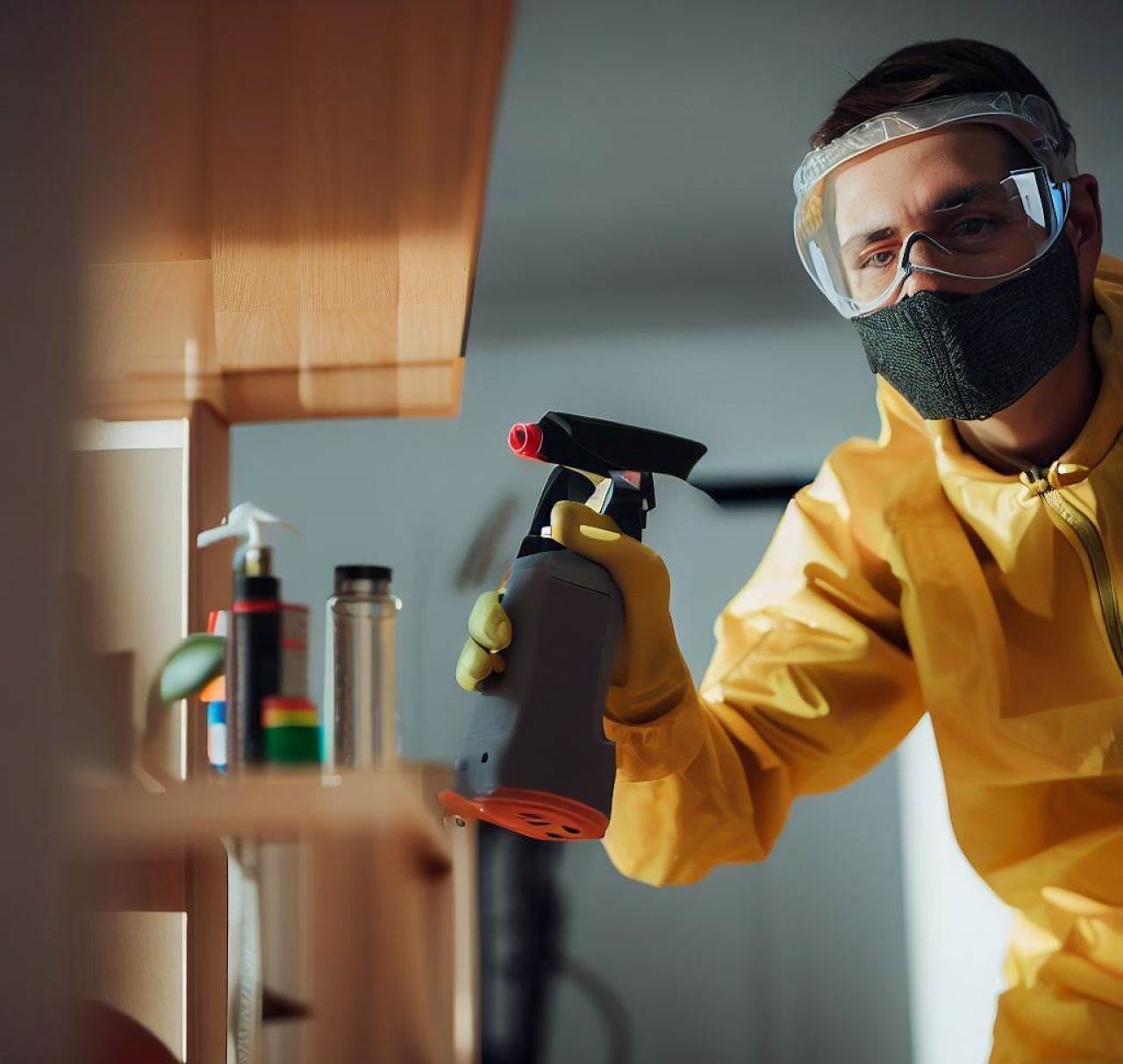Exterminador usa pesticida para rociar en un estante de la sala de estar