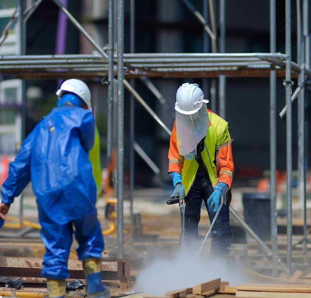 Trabajadores que utilizan medidas de control de polvo, como aspiradoras y rociadores de agua, para minimizar las partículas de polvo en el aire