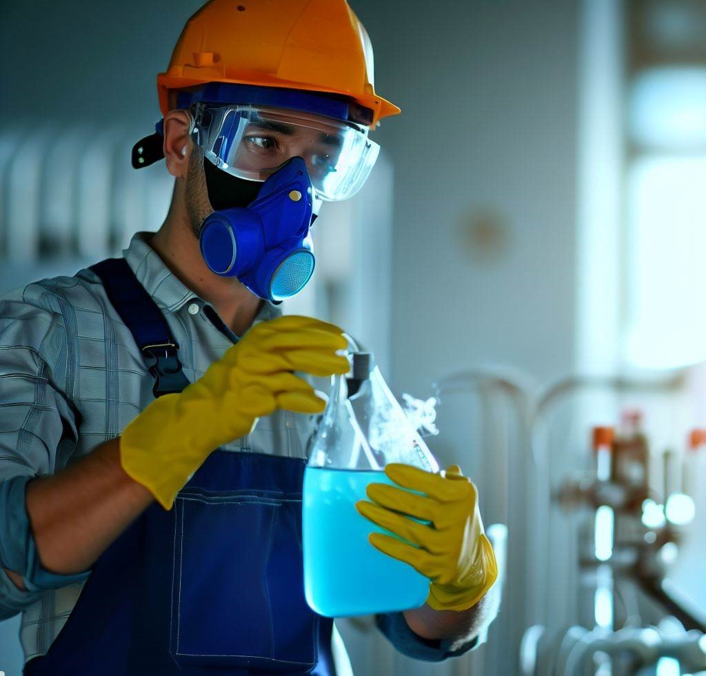 Un trabajador que usa guantes protectores y gafas de seguridad mientras manipula productos químicos de limpieza