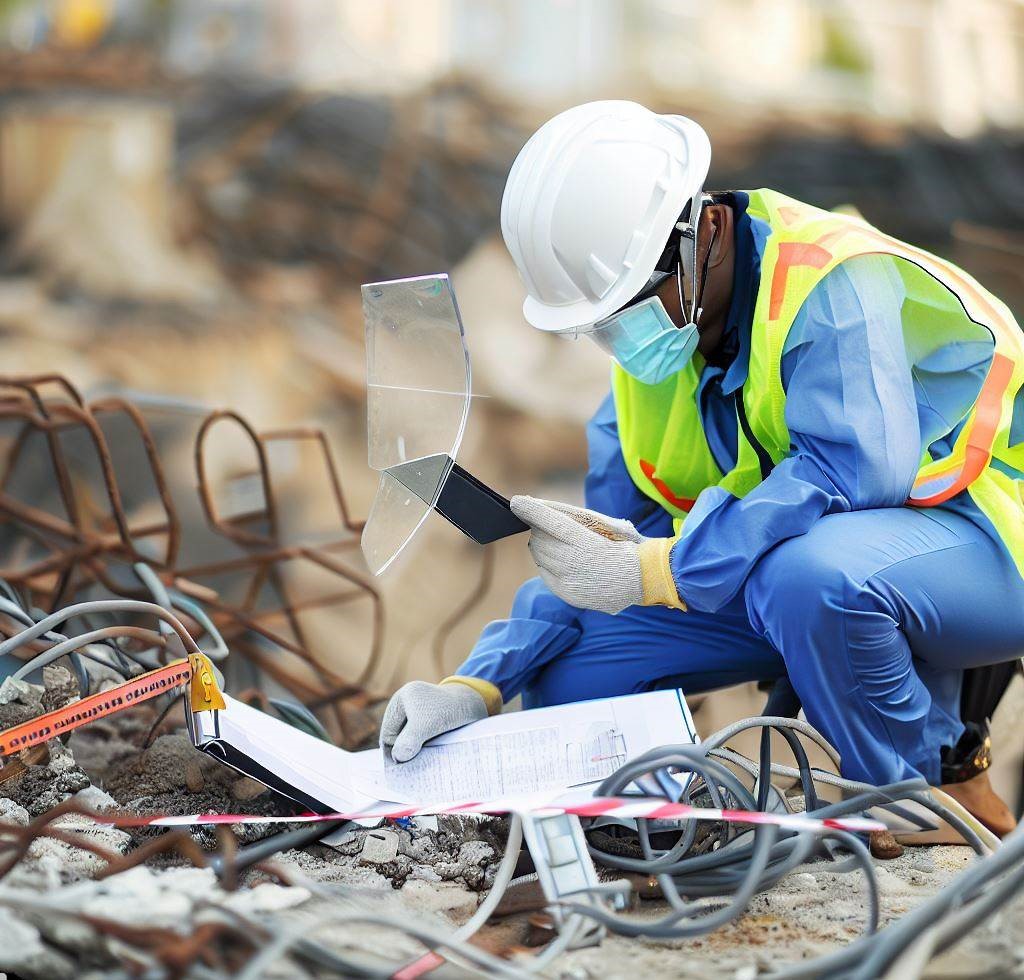 un trabajador que usa equipo de protección personal (PPE) mientras realiza una inspección exhaustiva