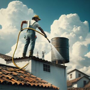 worker using a garden hose to rinse a water tank-a