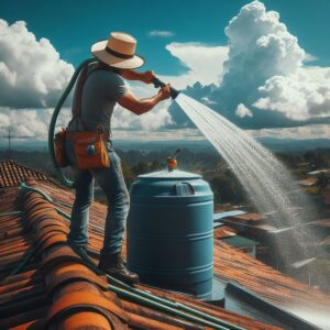 worker using a garden hose to rinse a water tank-b